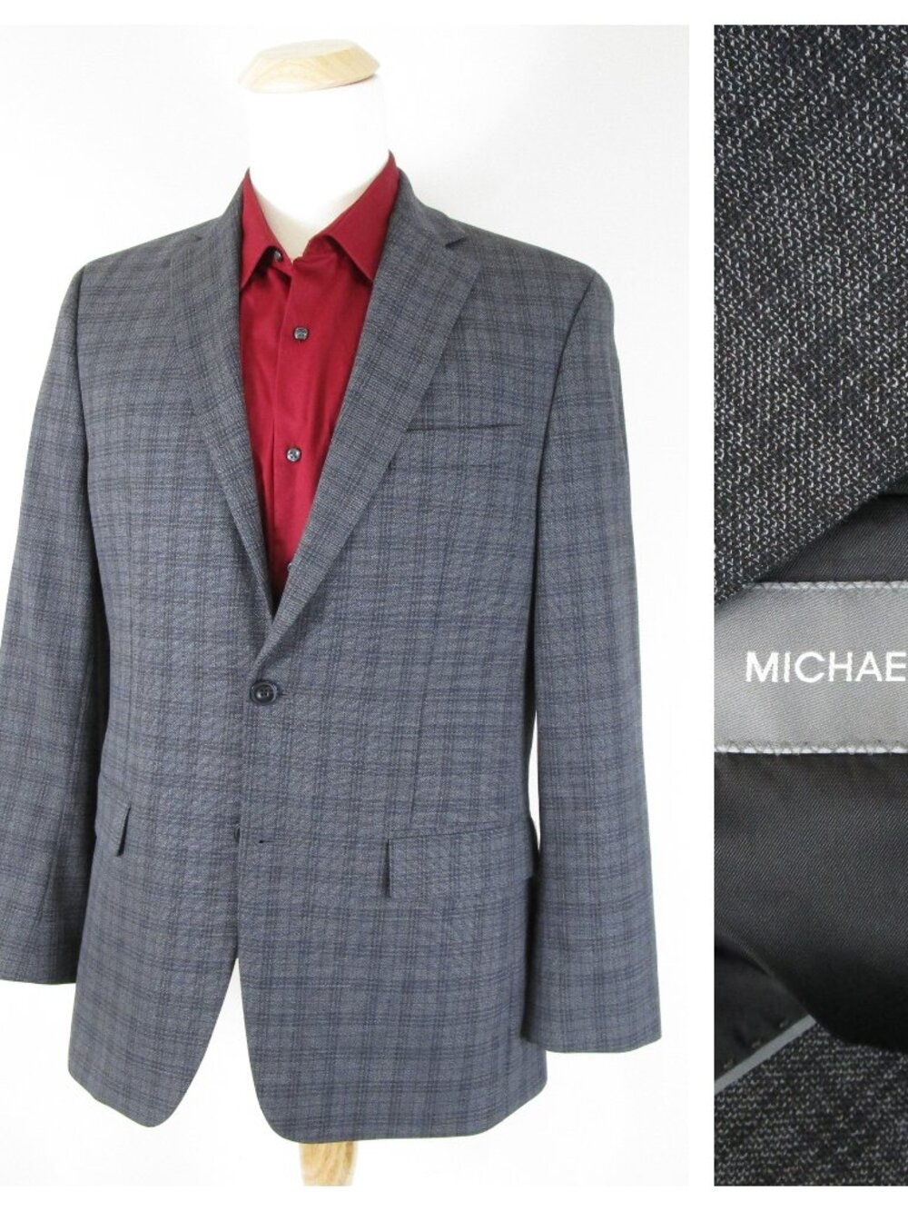 Michael Kors Mens Gray Black Plaid Two Button Sport Coat Jacket Size 40L